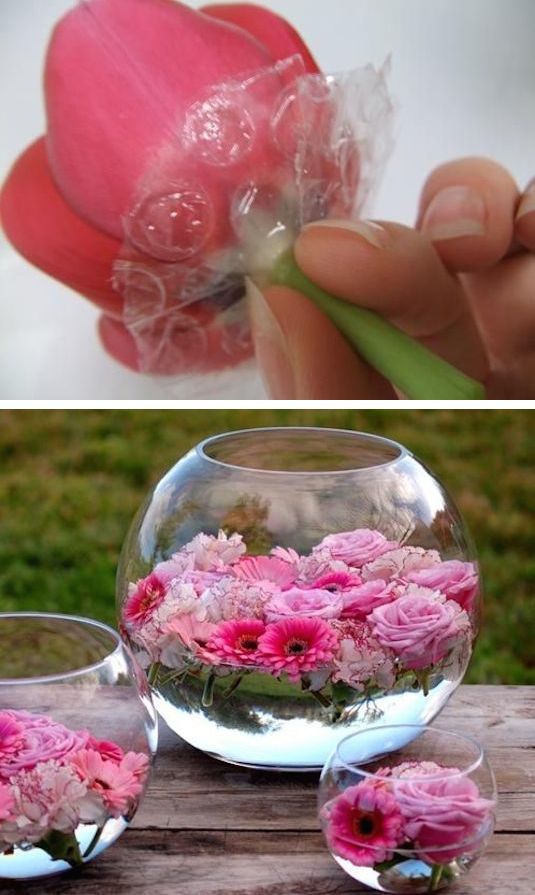 #7. Use bubble wrap for floating flowers. -- 13 Clever Flower Arrangement Tips & Tricks